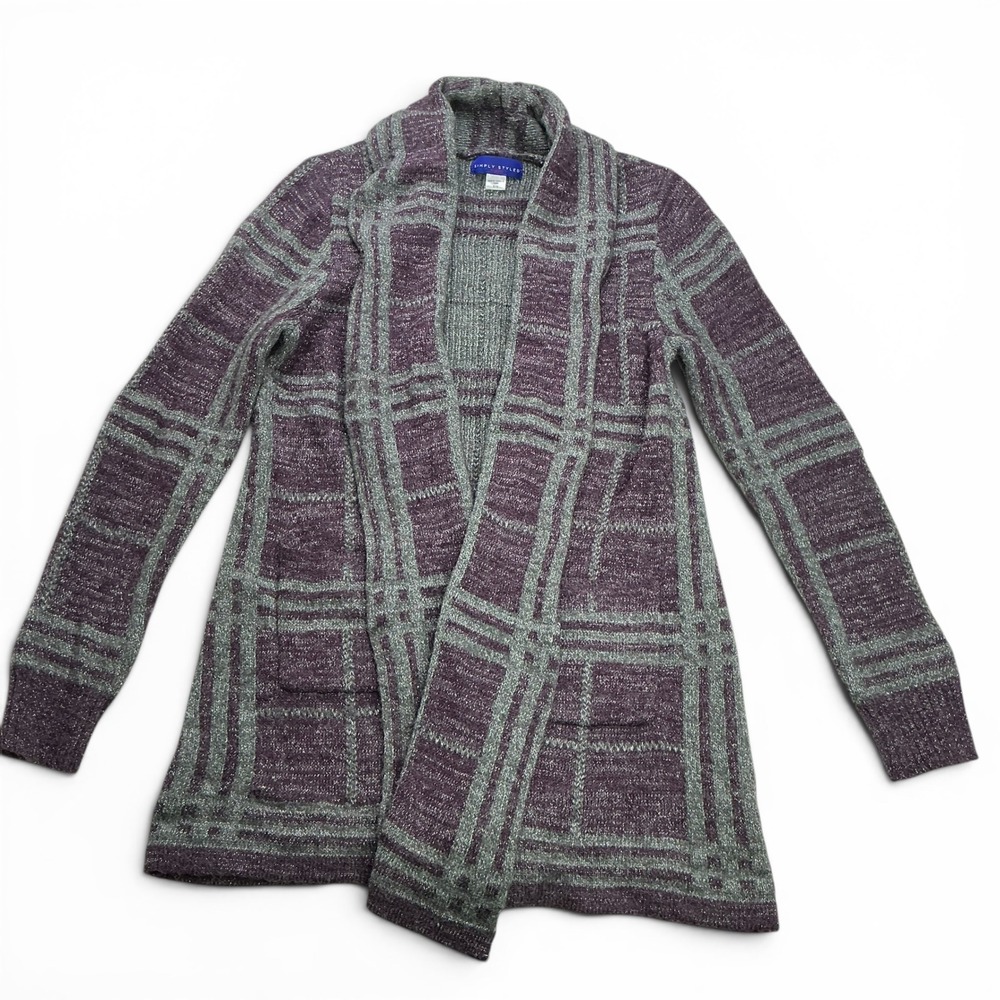 Simply Styled Purple Plaid Cardigan Women Small Metallic Open Front Knit Sweater - Picture 15 of 16